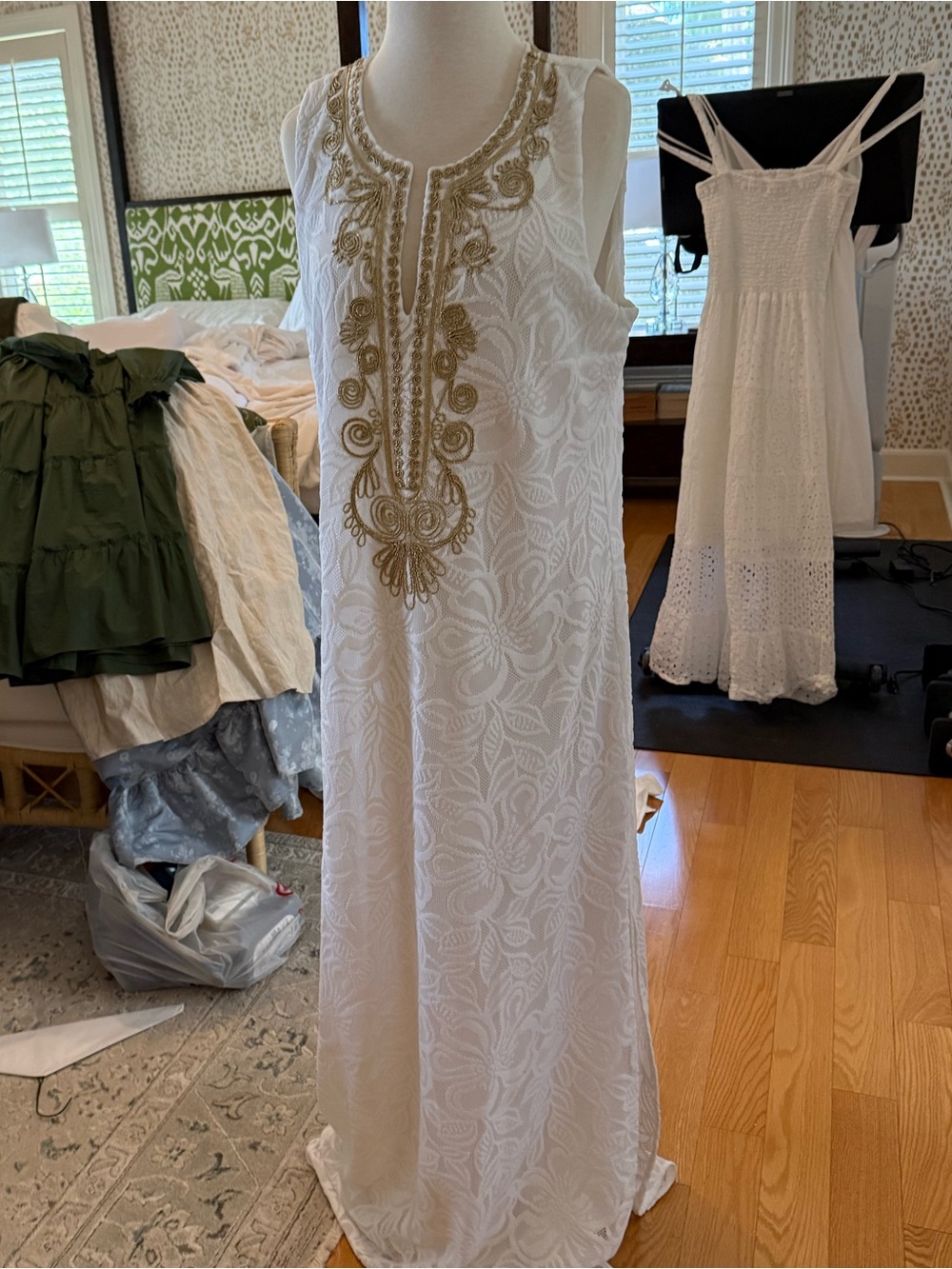 Lilly Pulitzer White Embroidered Maxi Dress with Gold Detailing
